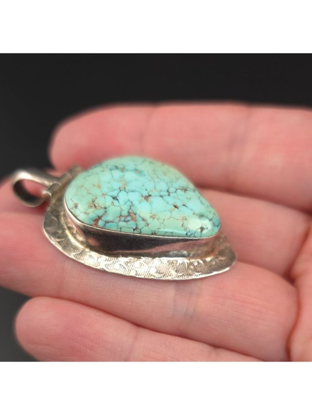Vintage Natural Turquoise Pendant Sterling Silver 925 Boho Teardrop Handcrafted - Picture 3 of 11